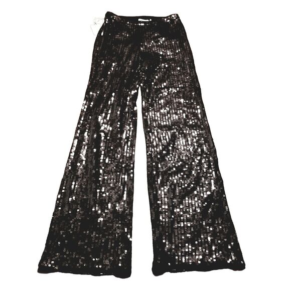 Good American Pants - Good American Sequin Pants Women's 0 Black Wide Leg Side Zip New w/Tags (25x31)